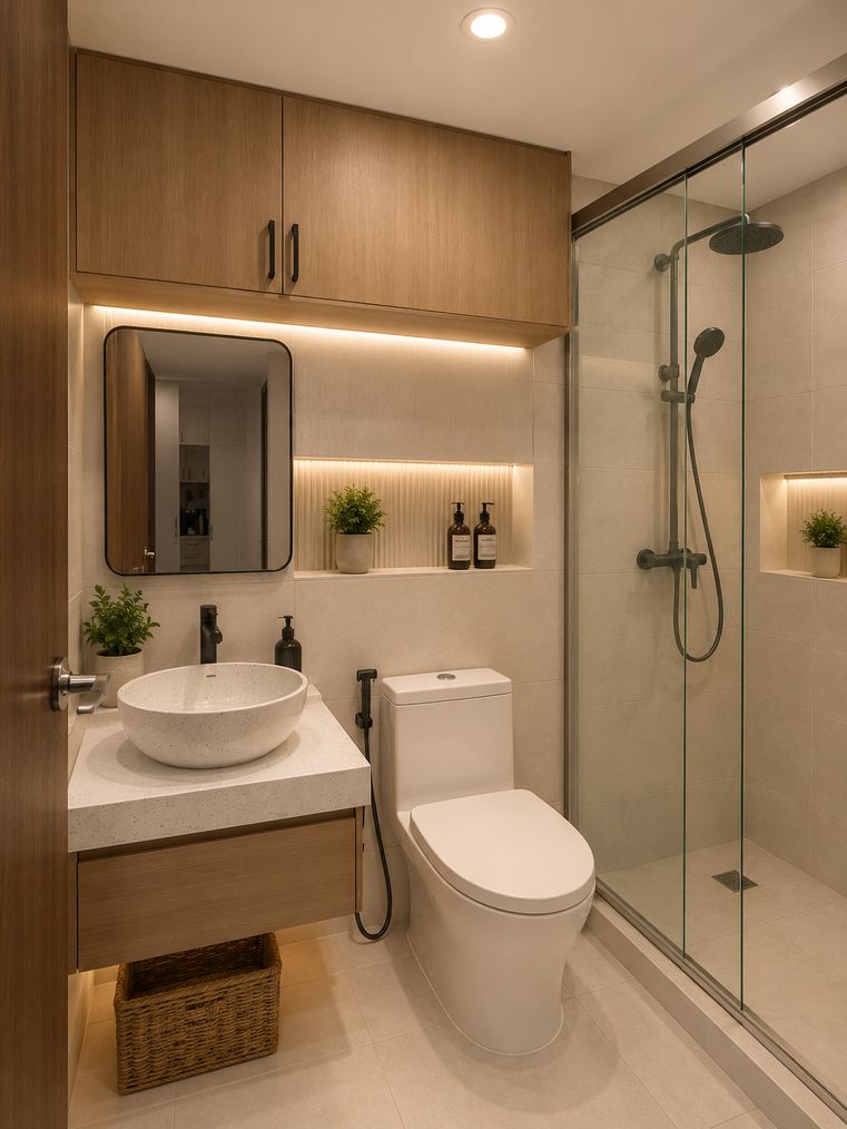 Bathroom with vessel sink, oak cabinet and glass shower