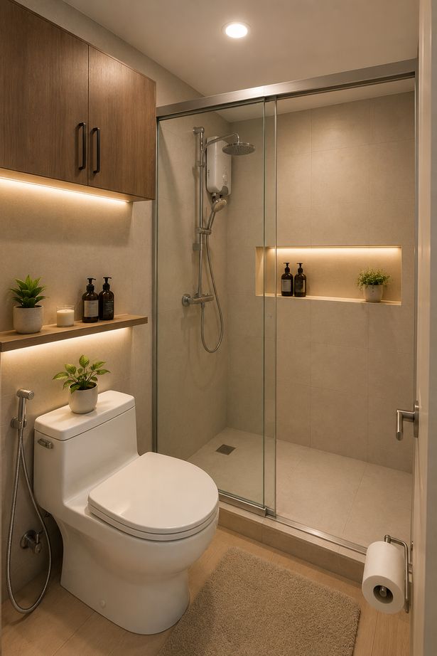 Glass-enclosed shower with rain showerhead and water heater