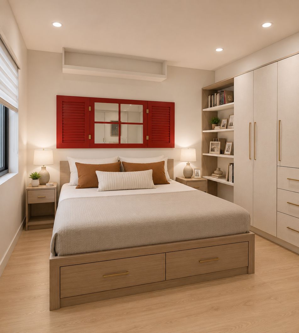 Bedroom with queen bed, storage drawers, bedside lamps and a red framed window