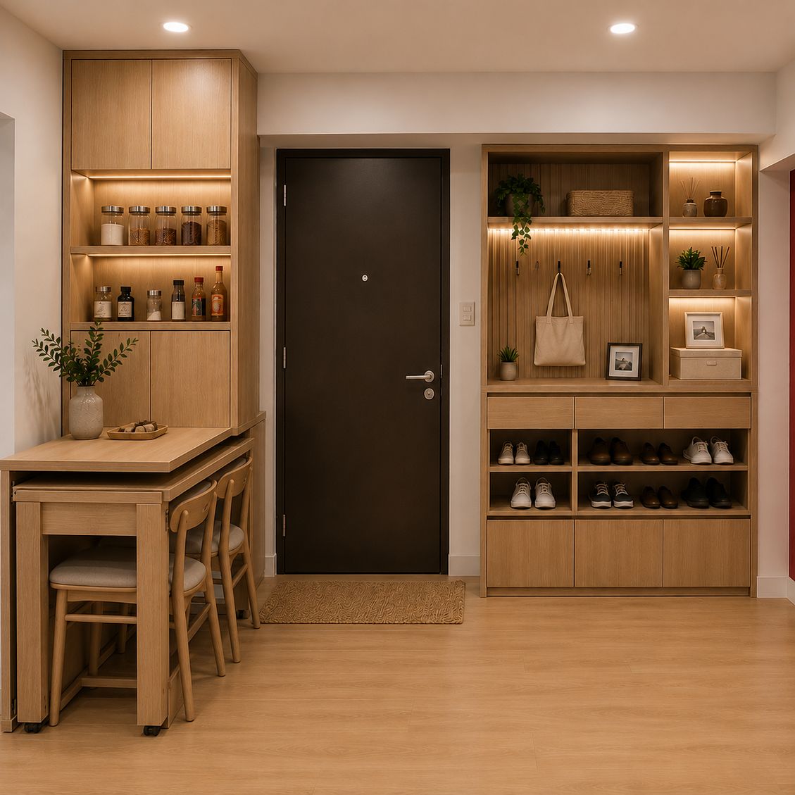 Entryway with pull-out oak dining table, spice shelves and shoe cabinet