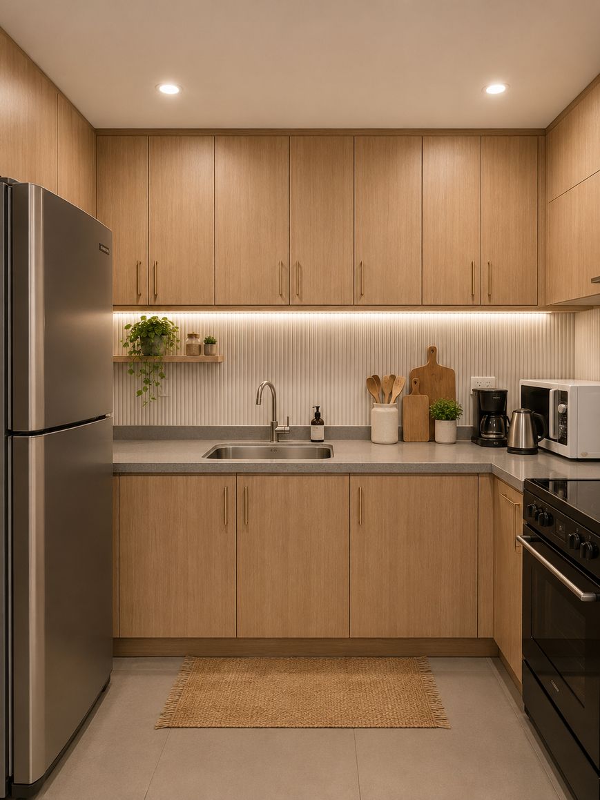 L-shaped oak kitchen with stainless fridge, induction cooktop and microwave