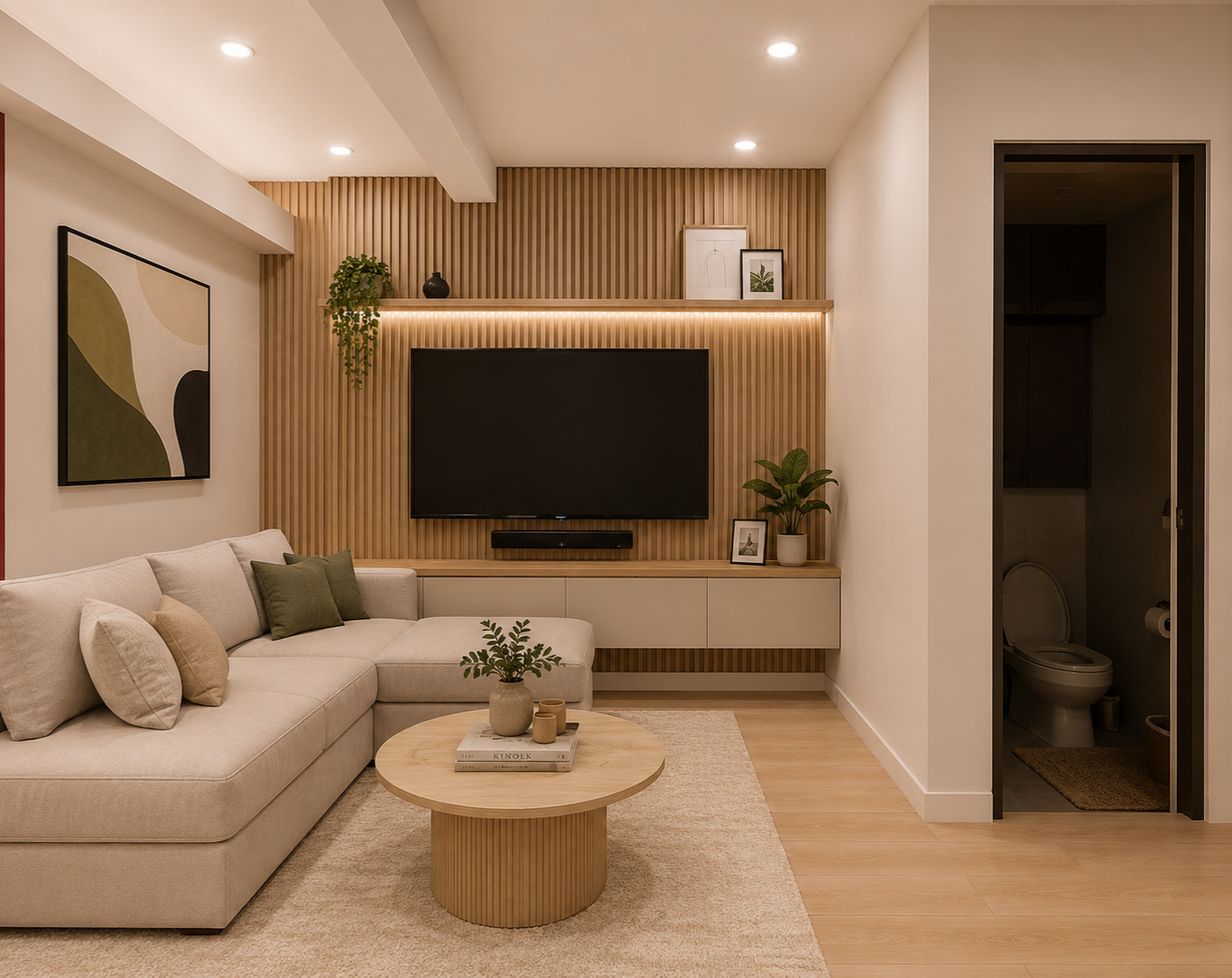 Living room with a beige sectional sofa, round oak coffee table and fluted oak TV wall